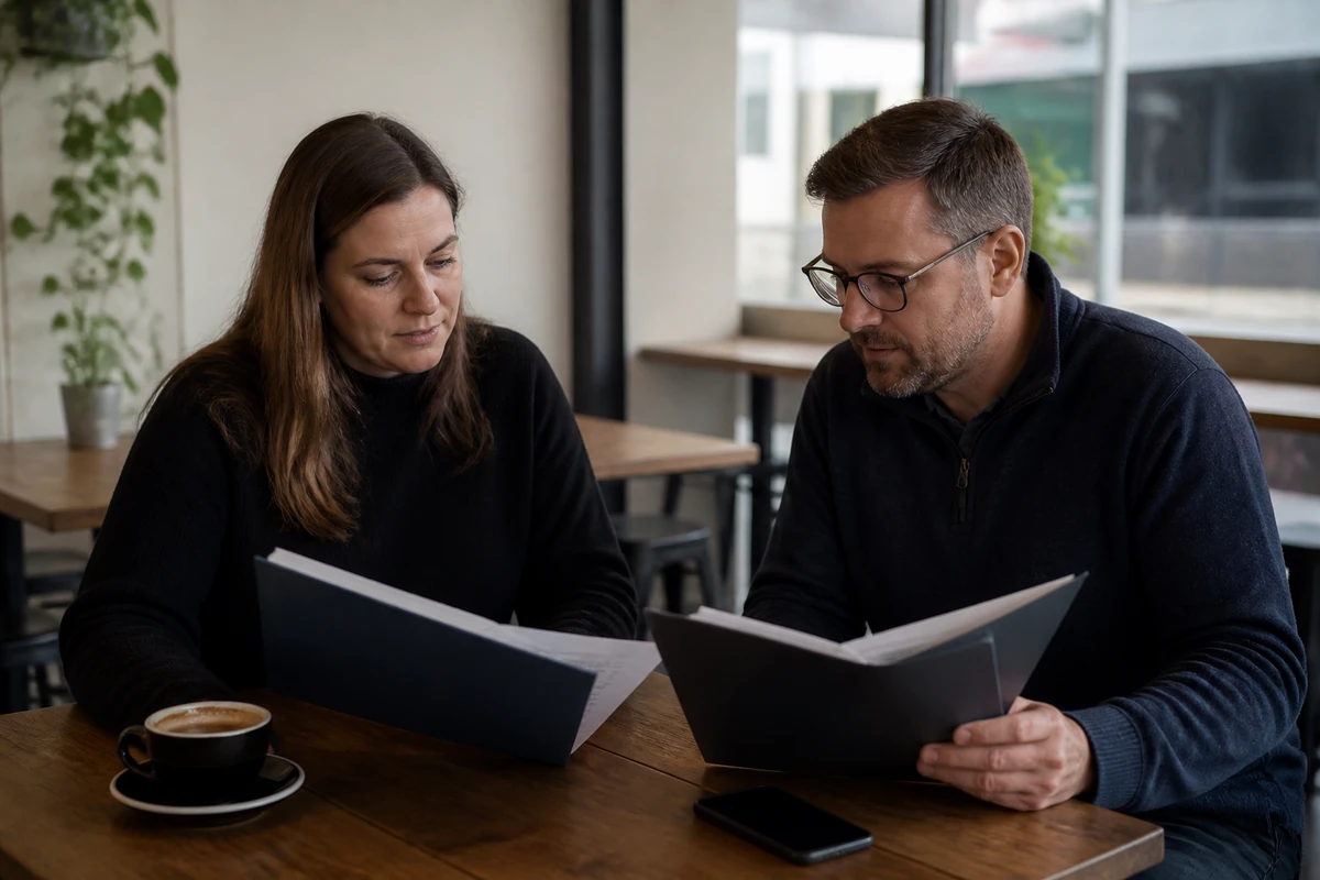 Ballarat small business owner comparing two simple printed proposal folders with a consultant, proposal folders