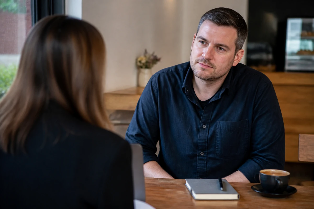 Sydney small business owner reviewing a simple budget conversation with a consultant, notebook, no calculator close-up