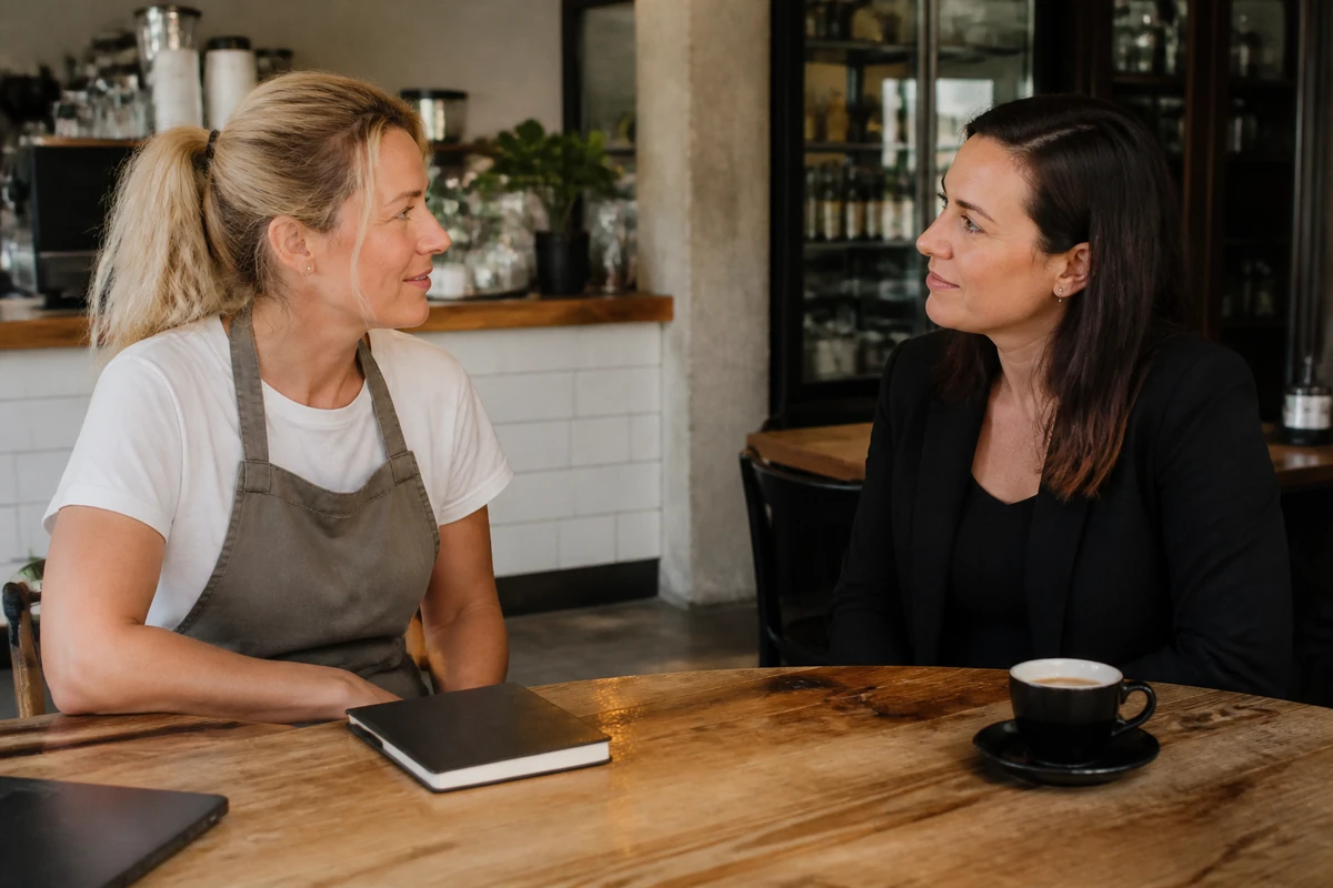 Australian small business owner reviewing a simple budget conversation with a consultant, notebook, no calculator close-up