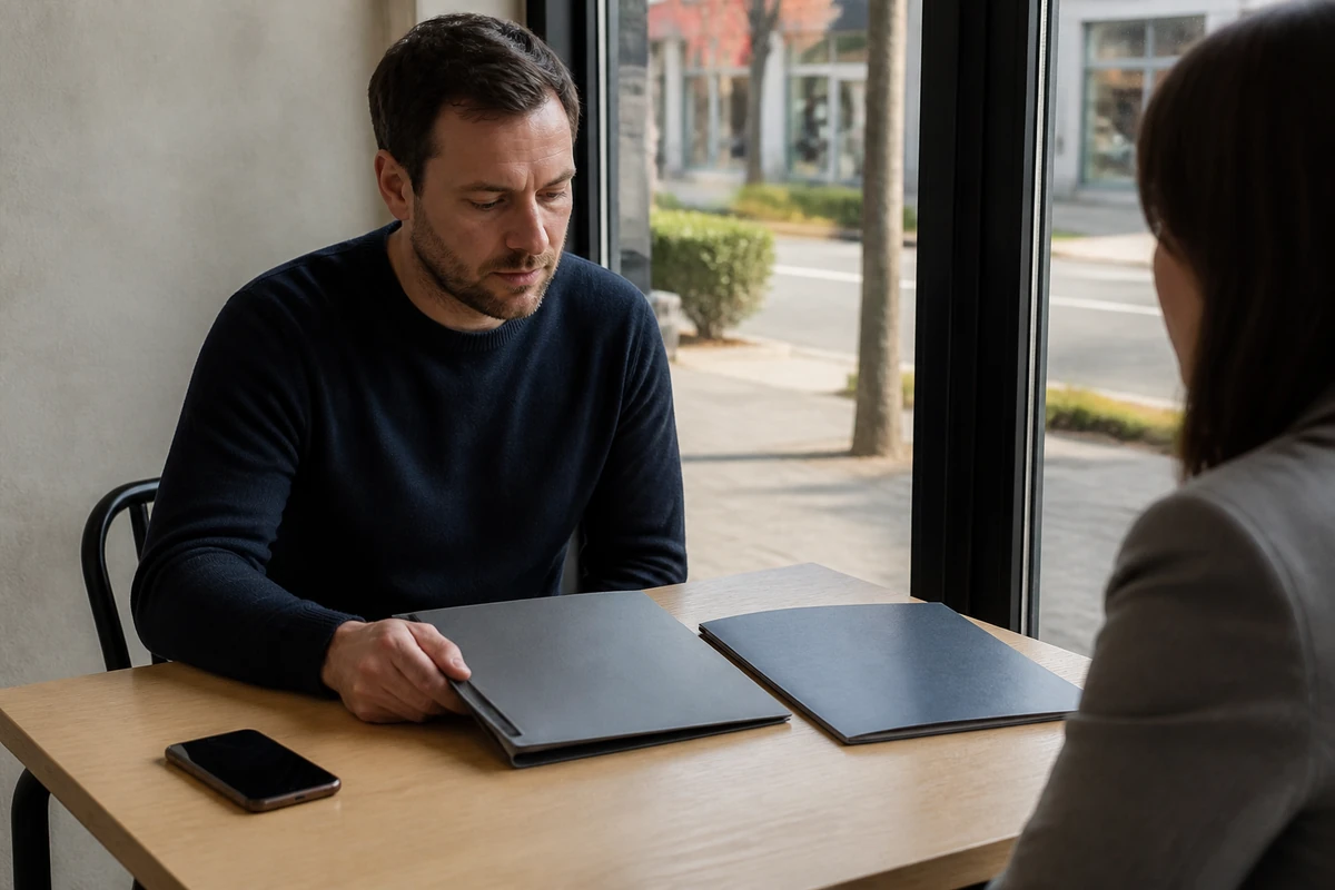 Geelong small business owner comparing two simple printed proposal folders with a consultant, proposal folders