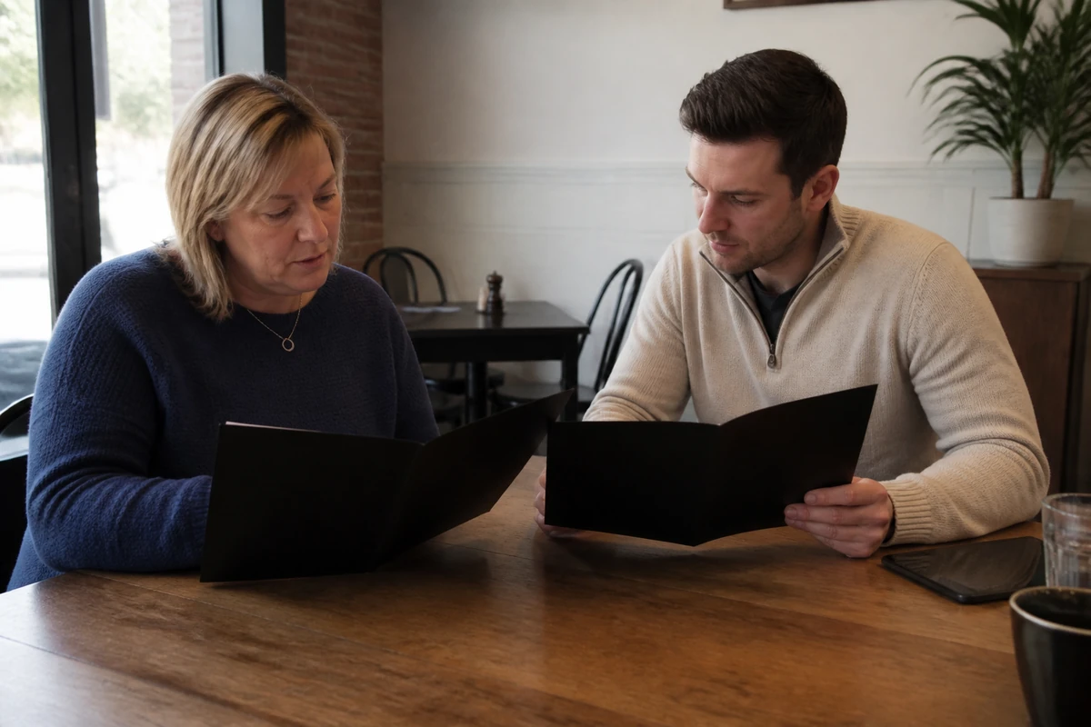 Geelong small business owner comparing two simple printed proposal folders with a consultant, proposal folders