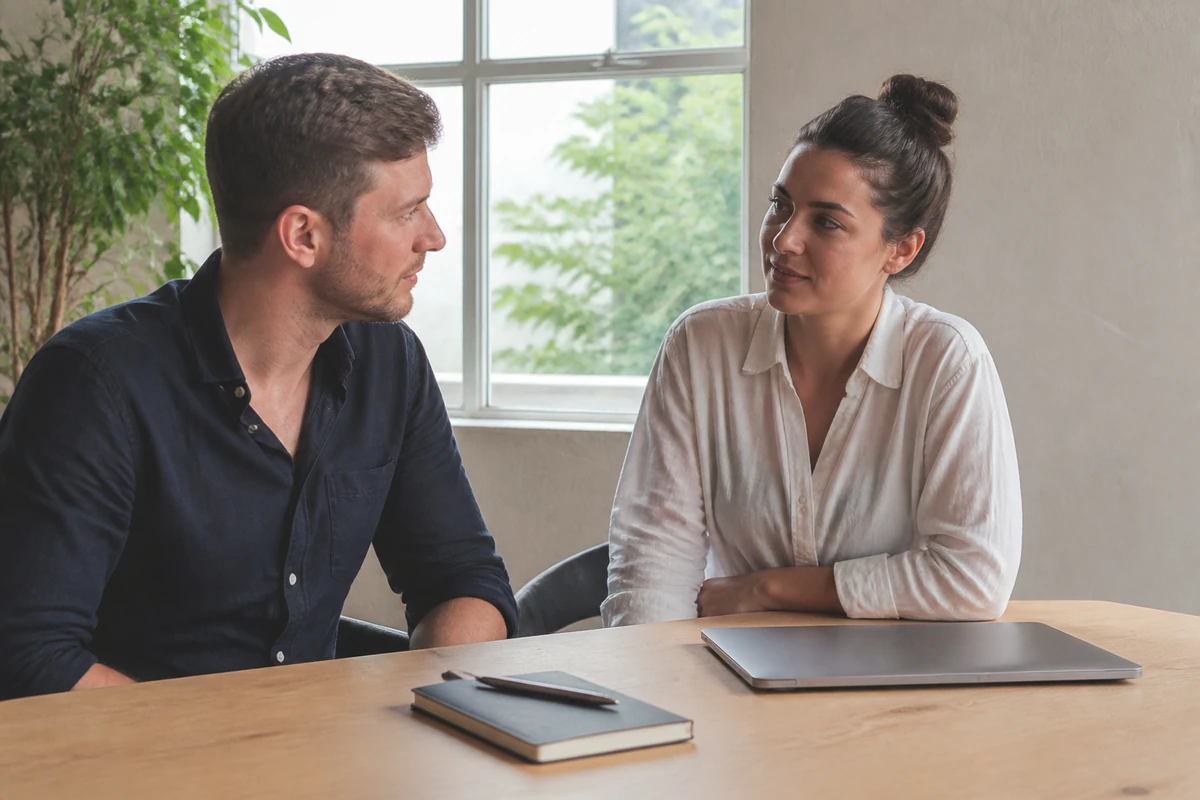 Consultant and Australian business owner planning the first month of SEO work on a plain table with a closed laptop and tidy notebook