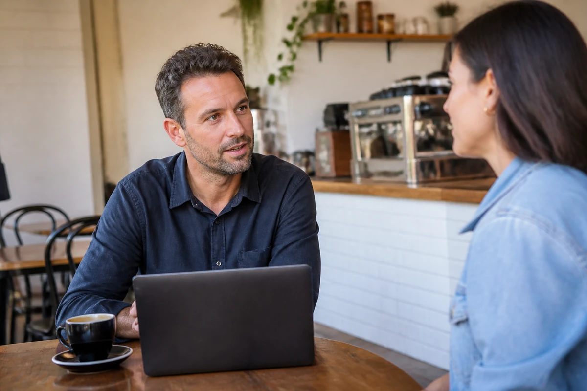 Average Australian small business owner in a realistic local business setting having a natural conversation related to the article topic, no