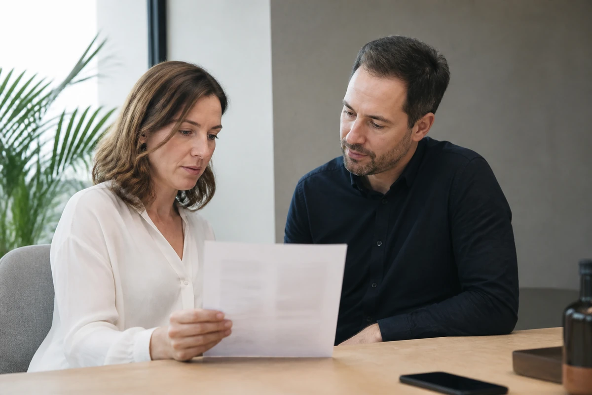 Business owner reviewing a simple printed SEO summary with a consultant, paper text blurred and unreadable, calm natural office light