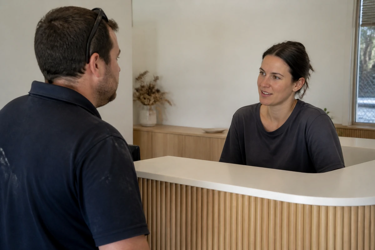 Realistic Ballarat local service setting with a trades business owner speaking with a clinic-style business owner near a reception bench