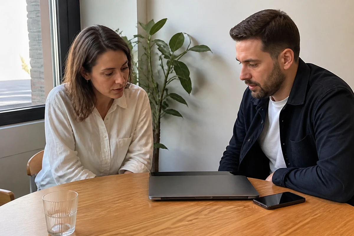 Sydney business owner and consultant discussing a simple search strategy on a clean table