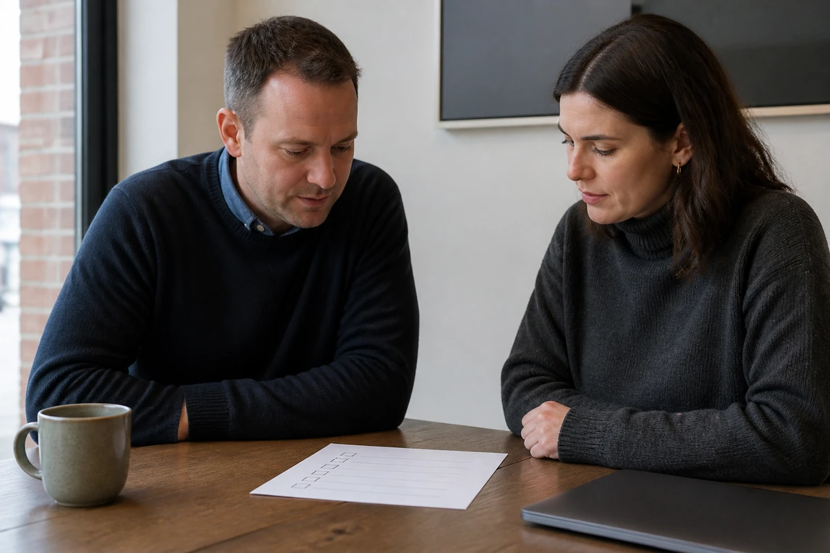Ballarat business owner reviewing a simple monthly work checklist with a consultant at a clean table