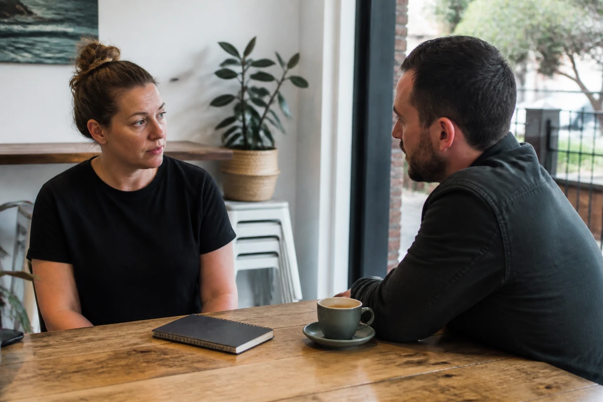 Australian small business owner reviewing a simple budget conversation with a consultant, notebook, no calculator close-up
