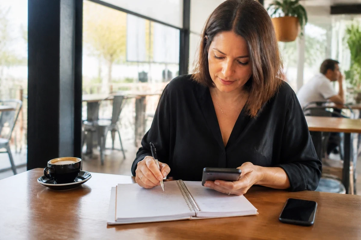 Wollongong business owner reviewing marketing budget notes at a cafe table