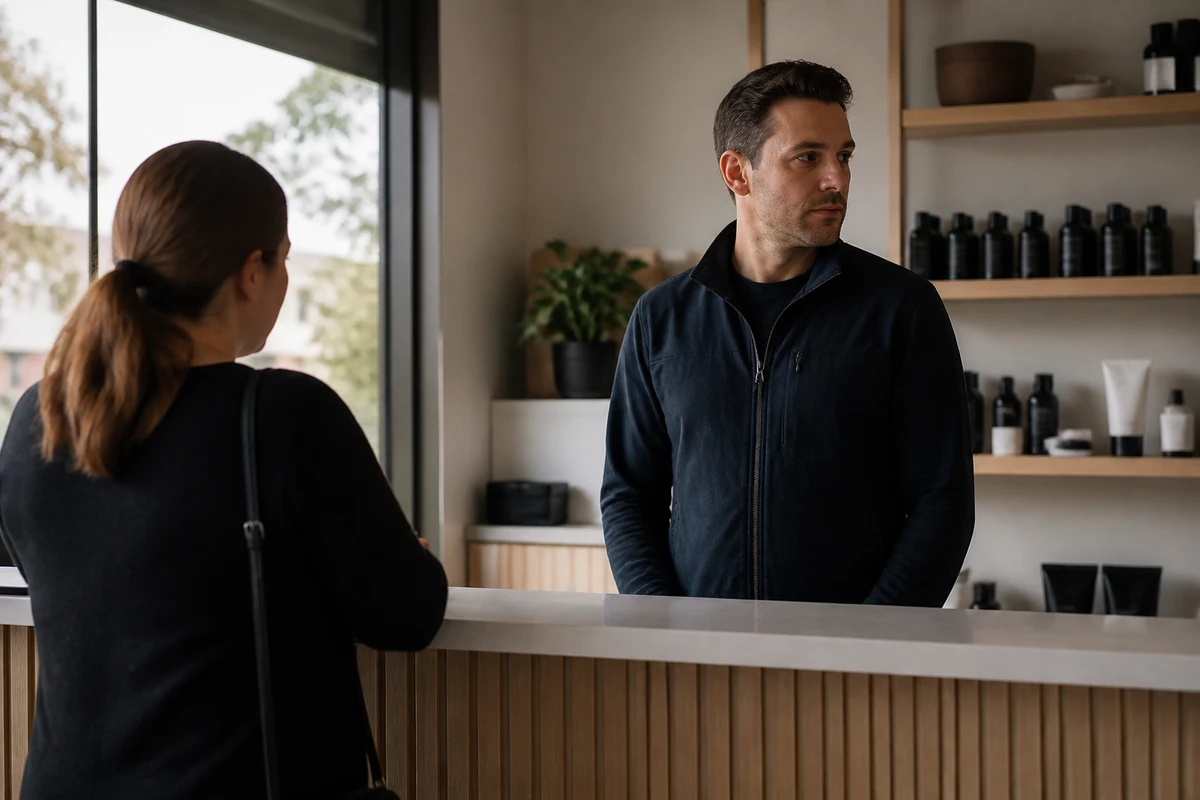 Ballarat service business owner standing near the front counter after a quiet customer interaction, thoughtful mood