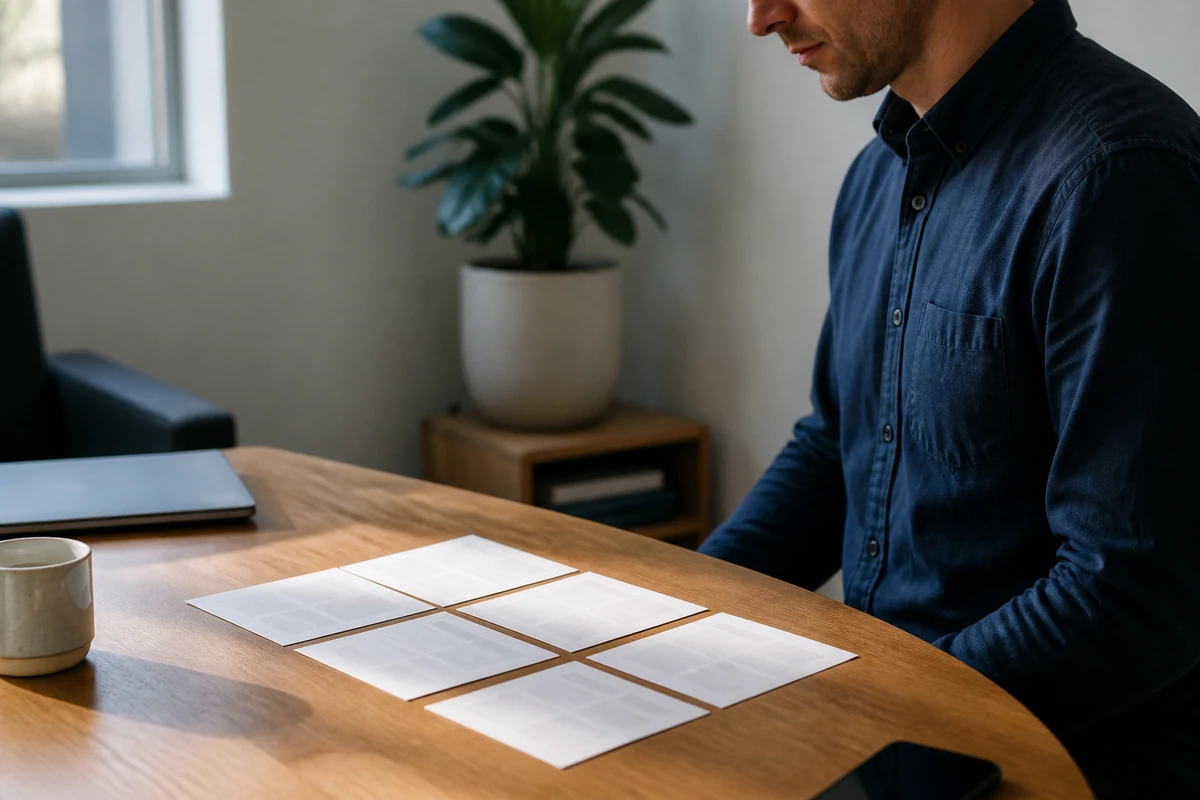 Consultant arranging a small set of plain printed website page notes on a desk with hands mostly out of frame, no screen graphics