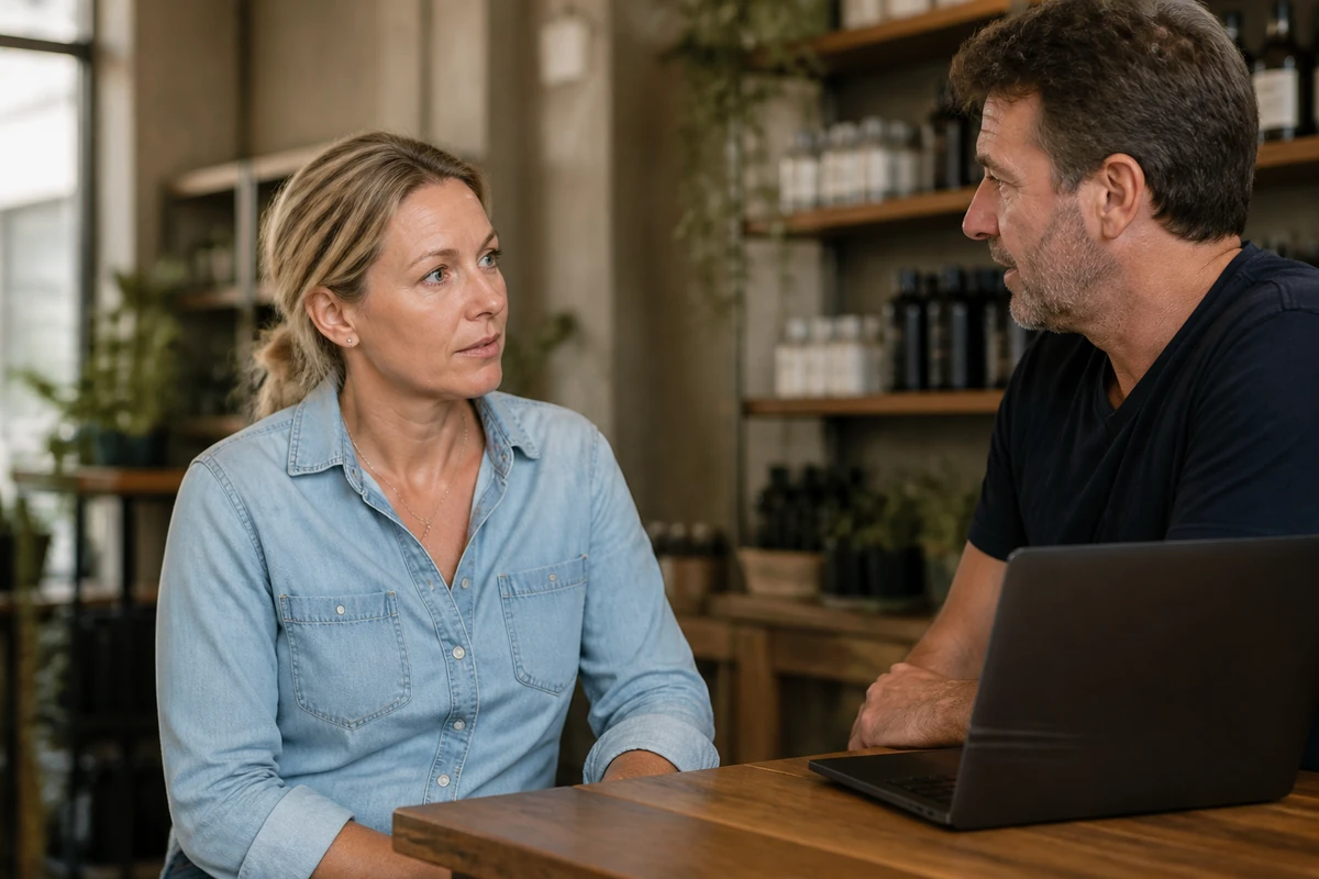 Average Australian small business owner in a realistic local business setting having a natural conversation related to the article topic, no