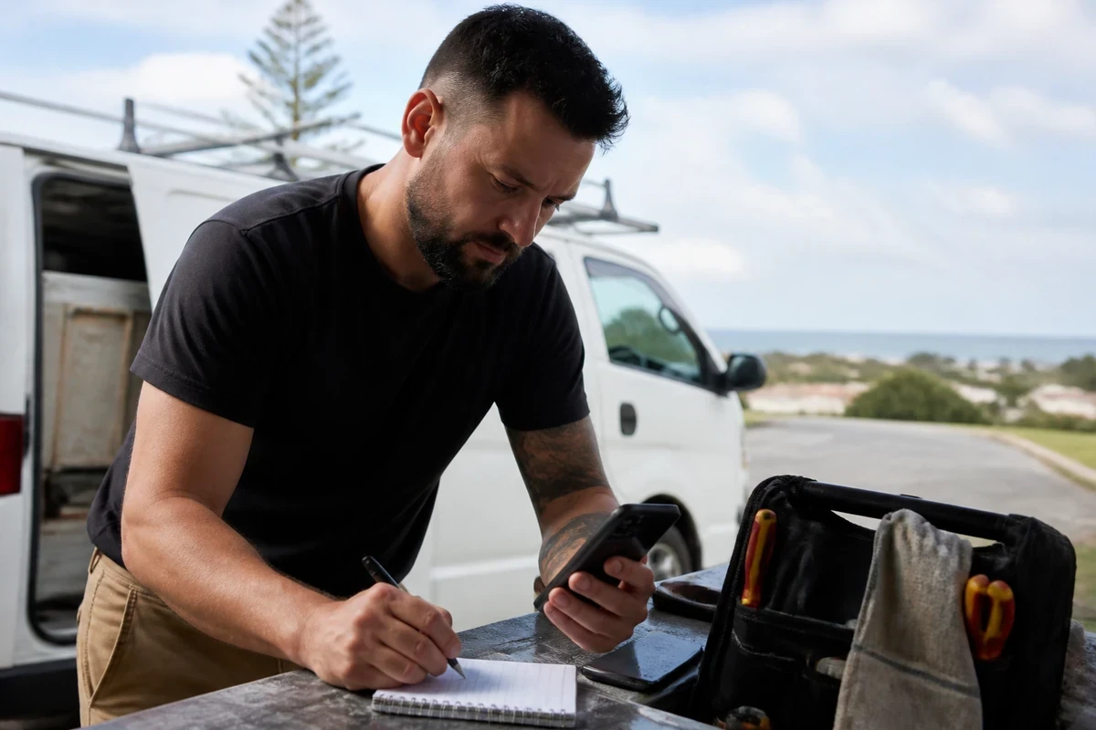 Wollongong service business owner checking local job notes beside a phone and work gear